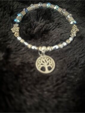 Silver Tree of Life Stretch Bracelet with Iridescent Beads